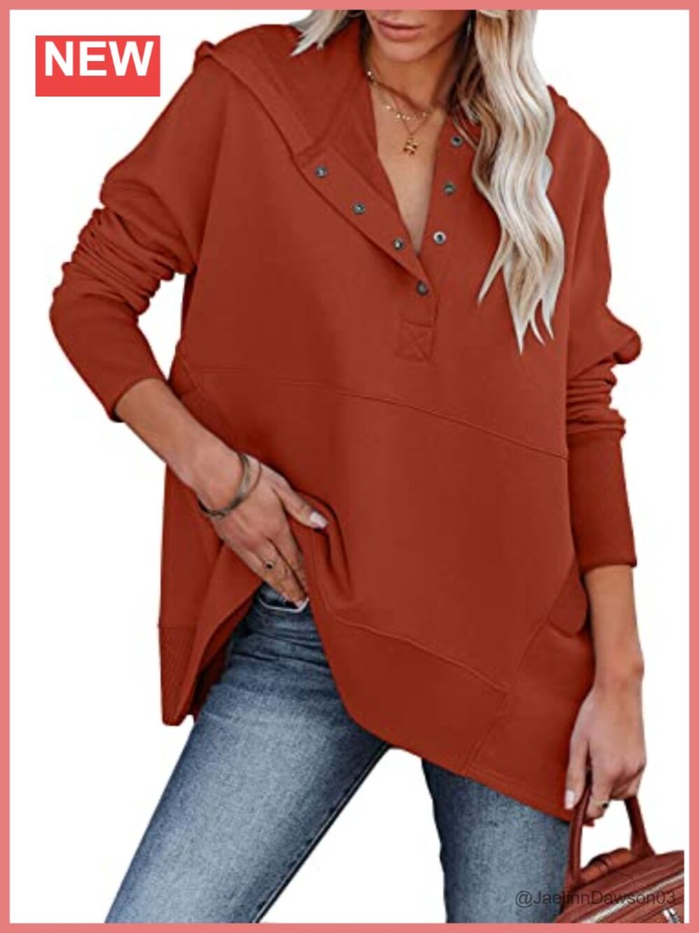 Oversized Hoodie V Neck Henley Sweatshirt Ribbed Pullover Women